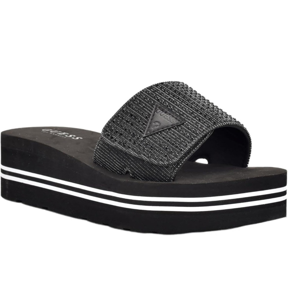 GUESS Black Rhinestone Platform Slides